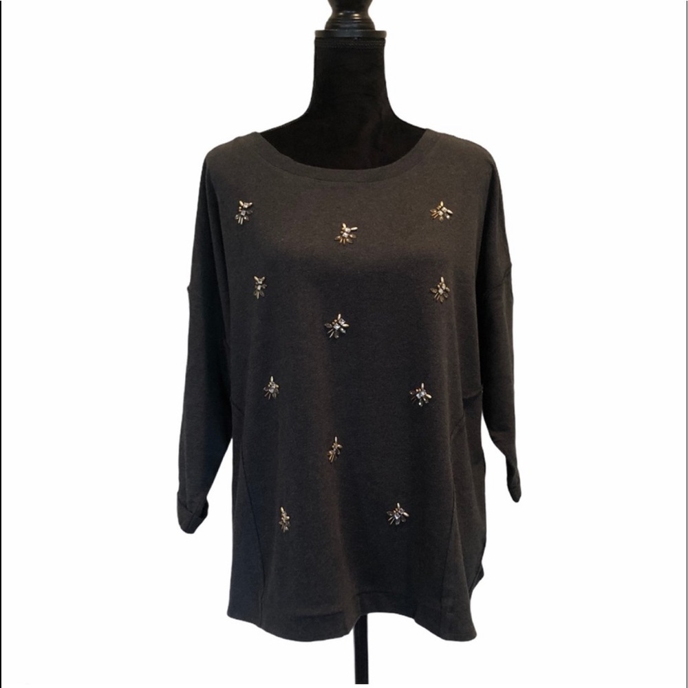 NWT Cable & Gauge shortsleeved pull over charcoal fabric embellished top size 1X